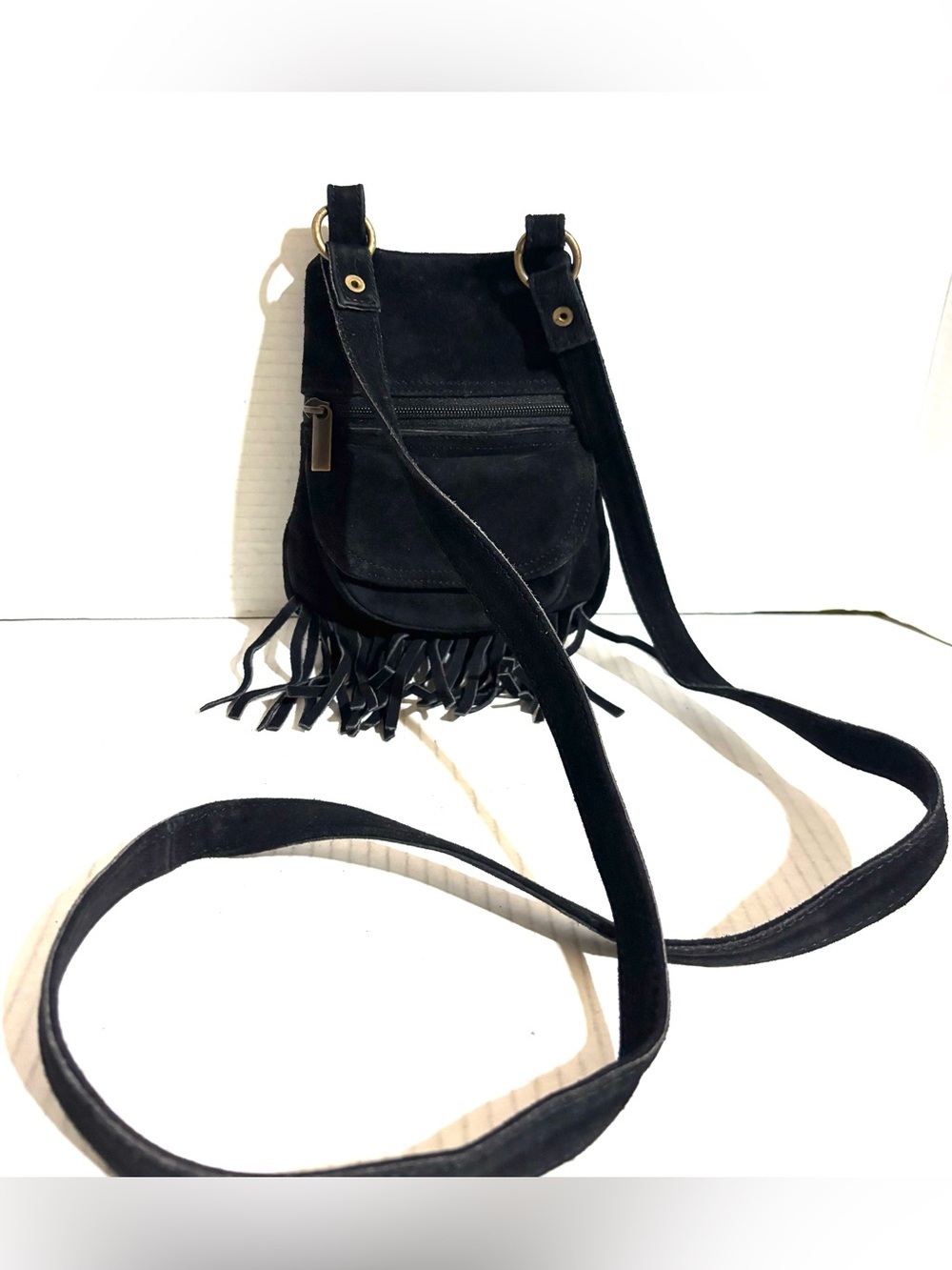 Vintage Black Suede Fringe Crossbody Bag